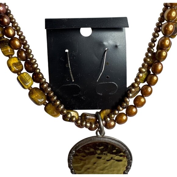 Silpada Multi-Strand Tiger Eye Beaded Necklace & Earrings Set With Amber Pendant - Picture 7 of 7